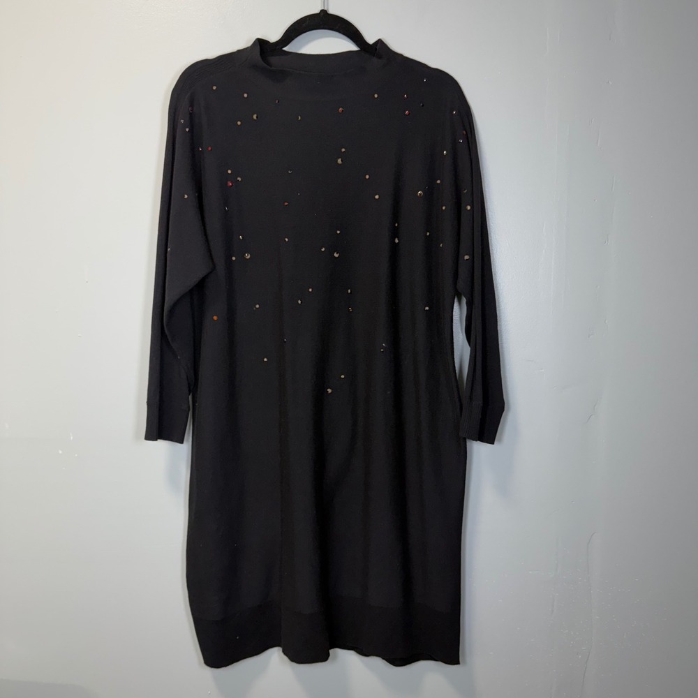NIC+ZOE Black Rhinestone Embellished Knit Sweater Dress Mock Neck Size M‎